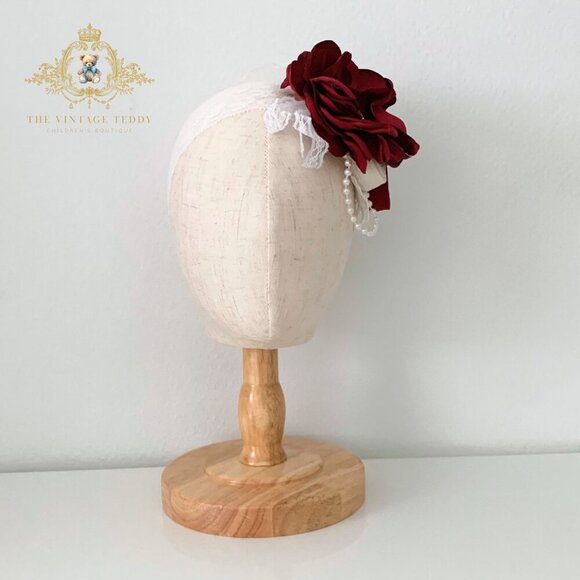 NWT Pretty Vintage Inspired Girls Headband Floral Beaded Lace Crimson Red OS - Picture 2 of 5